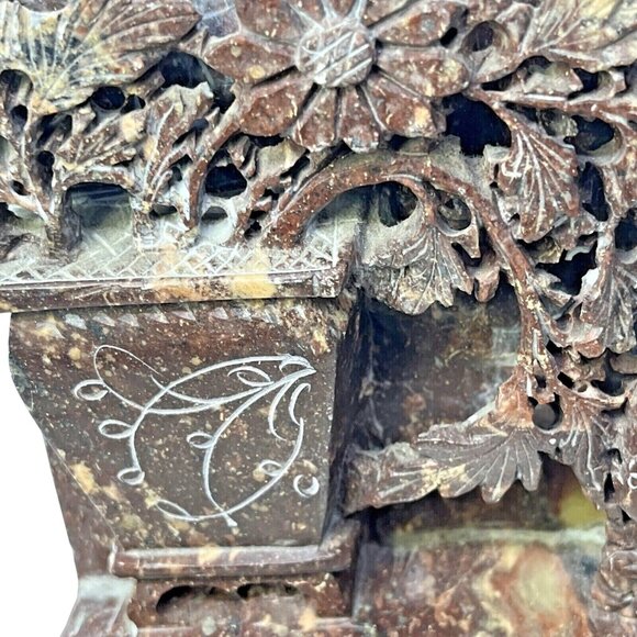 Handcarved Soapstone  Flower Pot & Peacock Reddish Brown Bookend MCM - Picture 7 of 15